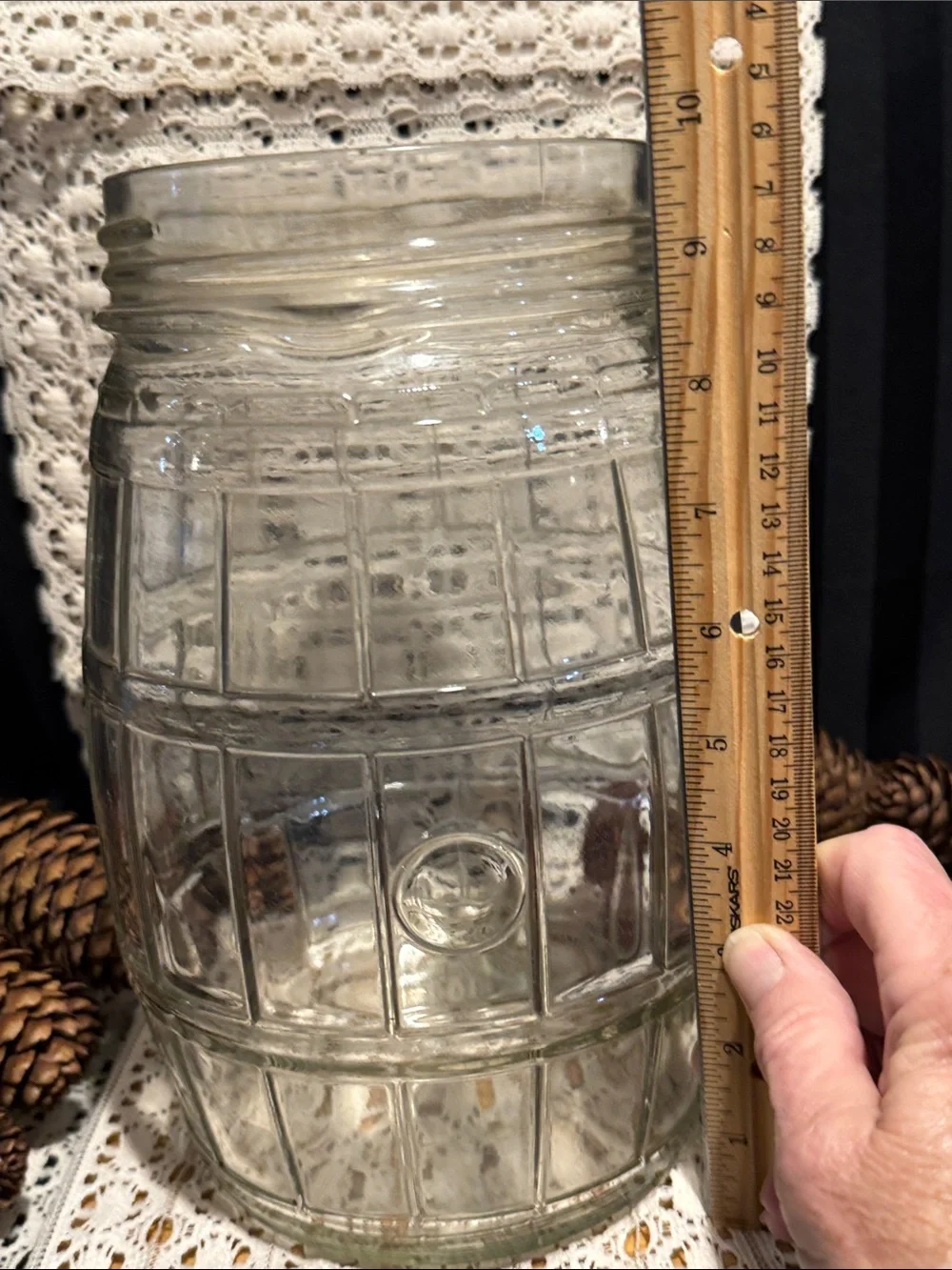 Vintage Barrel Shaped Glass Jar with Real Pine Cones